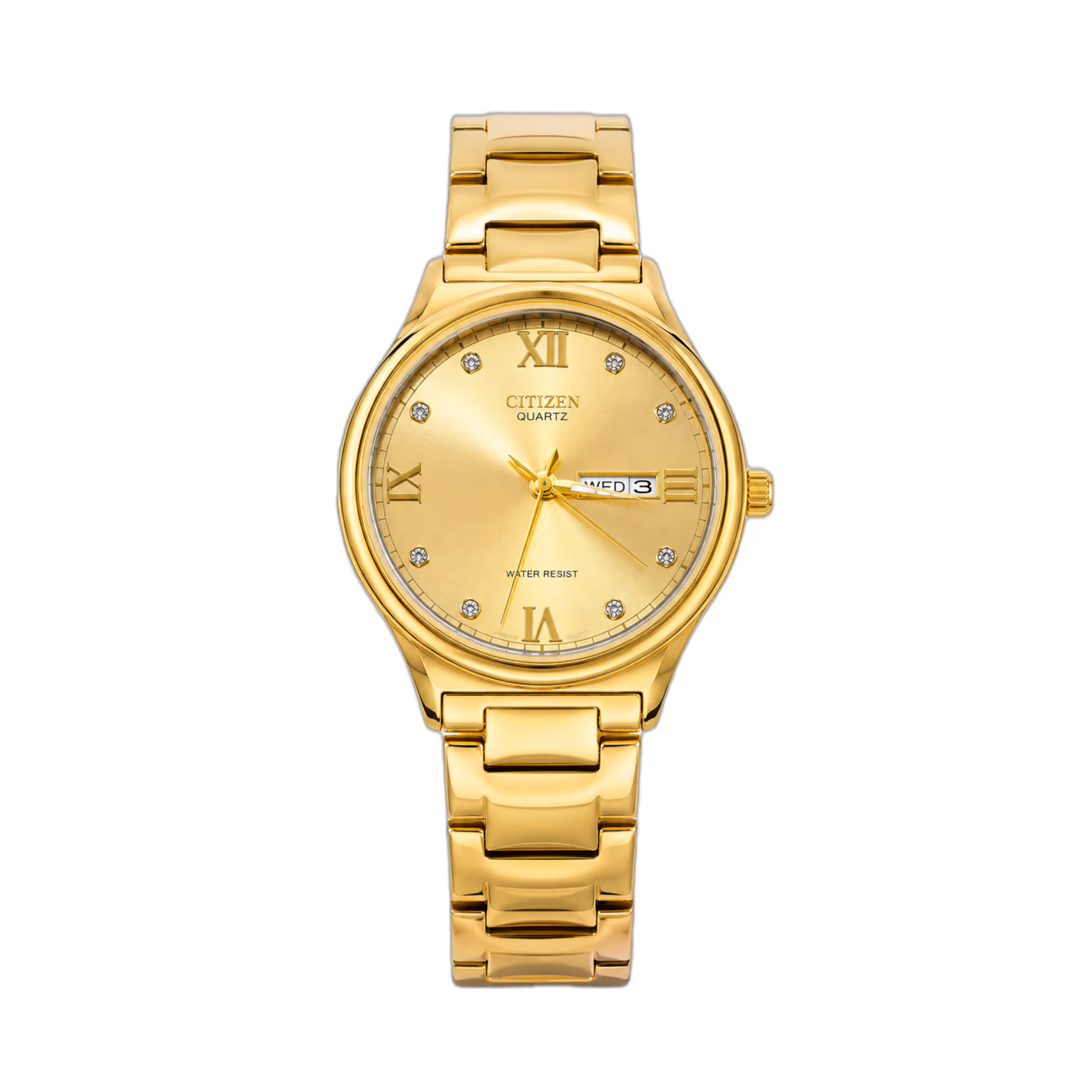 Citizen Gold Quartz Day-Date Watch – Luxury Gold Dial Edition