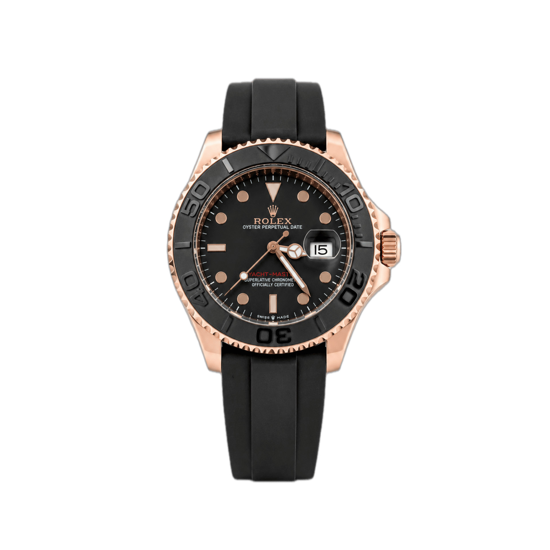 Rolex Yacht-Master Rose Gold Black Dial Rubber Strap Watch